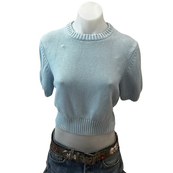 Toccin Blue Cropped Sweater Top MEDIUM Short Sleeve Preppy Spring Cotton $242 - Picture 9 of 12